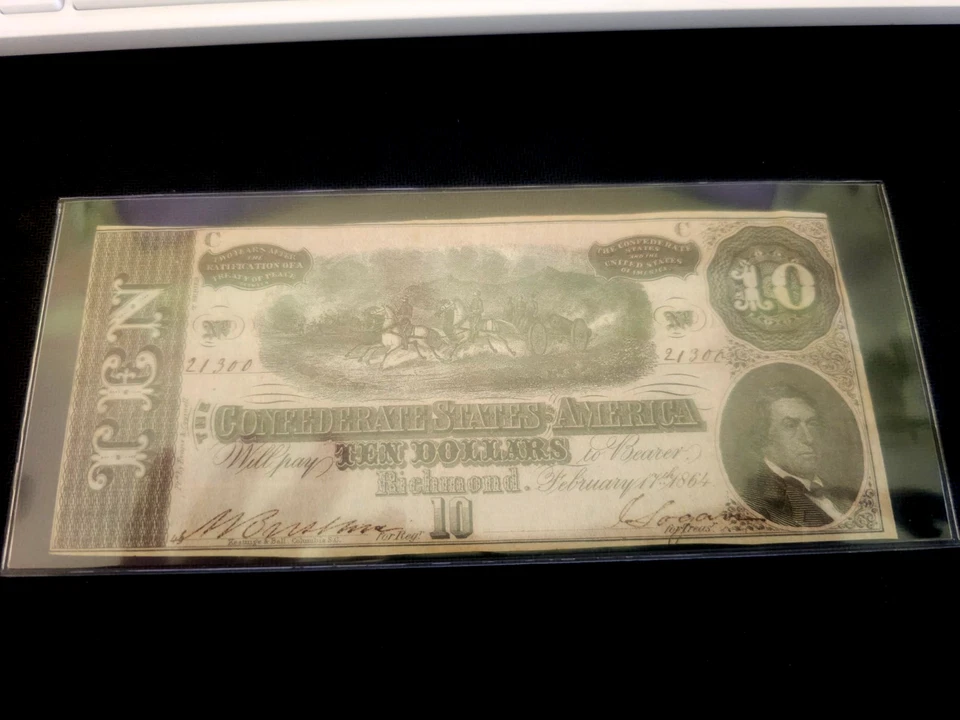 1864 $10 Confederate Currency Civil War S/N 21300 - Image 3 of 4