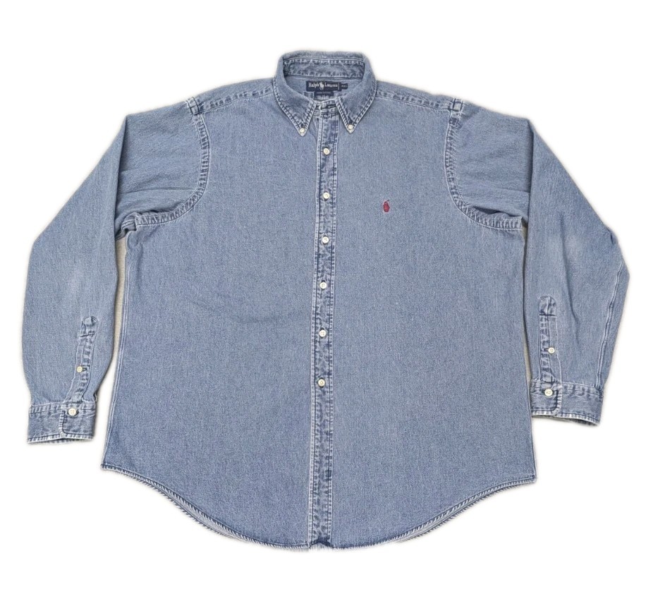 Vintage Ralph Lauren Blue Denim Shirt Men XXL Red Pony Made In