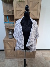 Pashmina Open Front Poncho Shawl Gray Jacquard Paisley 100 Cashmere Sz S