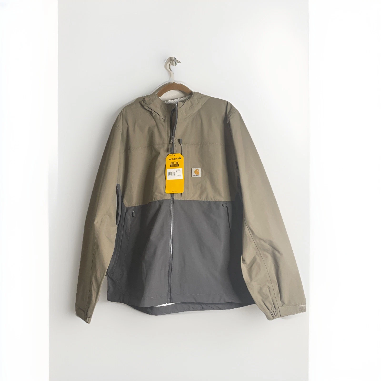 Carhartt Storm Defender Jacket MENS L Beige Gray Relaxed Fit Rain Hooded NWT