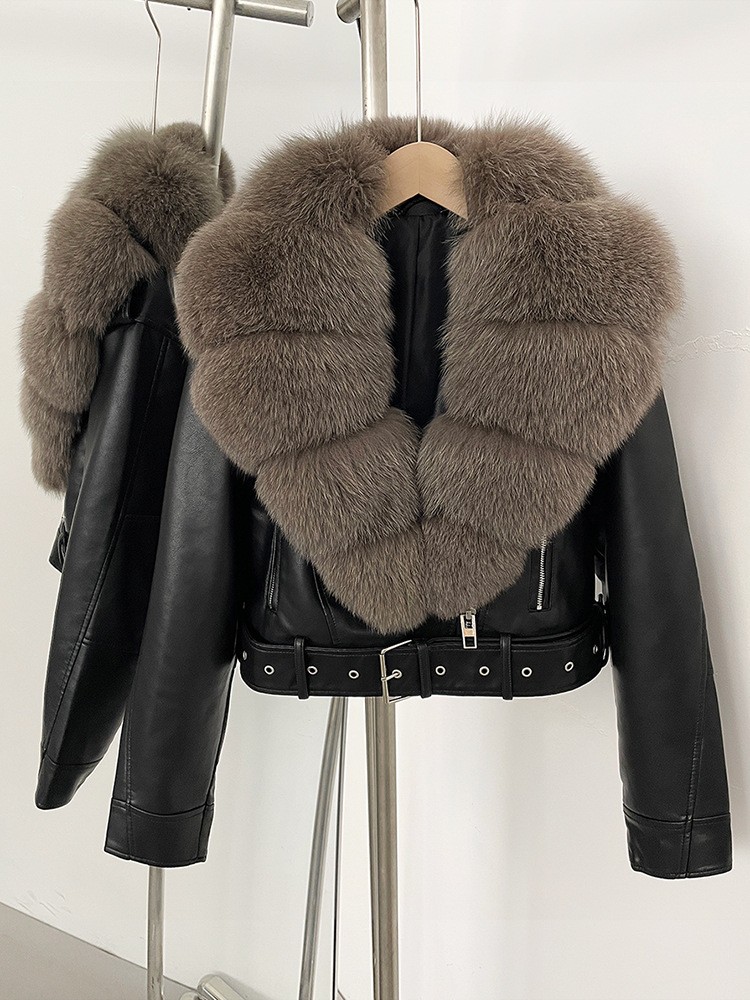 Winter Genuine Fur Collar Fox Fur Grass Coat Women's Leather Biker Down Jackets