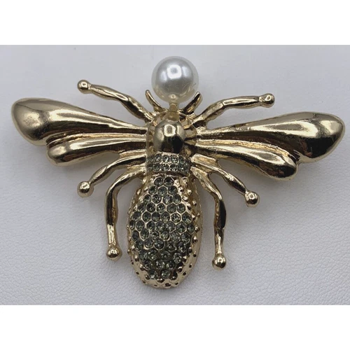 Vintage Butterfly Moth Bee Brooch Lunar Faux Pearl Rhinestone Gold Tone Brooch