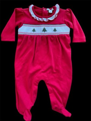 Kissy Kissy Premier NWT Christmas Red Smocked Embroidered Ruffled Footie-0-3Mos