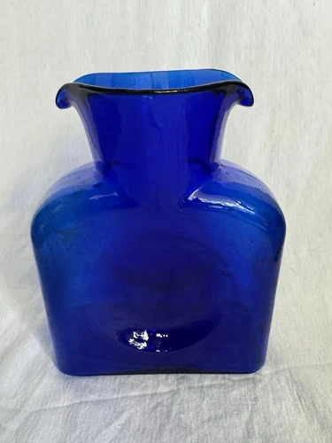 Blenko Art Glass Water Jug Cobalt Blue Bottle Carafe Vase with Double Spout