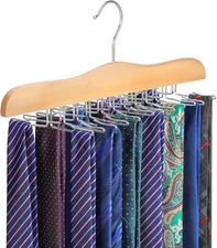 Tie Rack Hanger for Closet Wooden Tie Organizer 24 Folding Hooks Natural 1-Pack