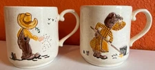 Vintage Set Of Farm Girl & Boy Mugs Matching Yellow Accented 1 Cup Capacity Kids