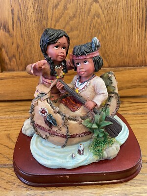 native american indian figurines boat 2 kids, wood base 6 x5.5 