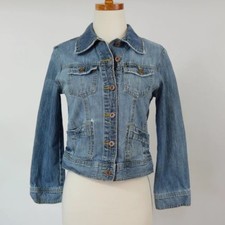 Riders Vintage Juniors L Jean Jacket Cropped Top Blue Denim Factory Distressed