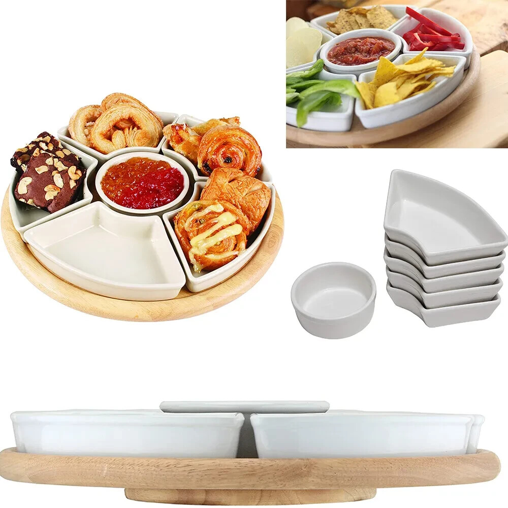 Bambus Rotierende Lazy Susan mit 6 Keramikschalen für Tapas Dips Snacks Anlass