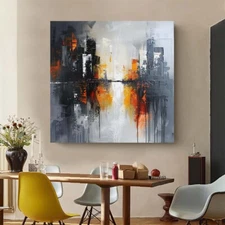 Hand Painted Abstract Wall Art Painting On Canvas Black Yellow City Picture Room
