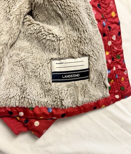 LANDS END Coat Girls Small / 4 Pink Mid-Weight Polka Dot Jacket Faux Fur Liner - Picture 17 of 20