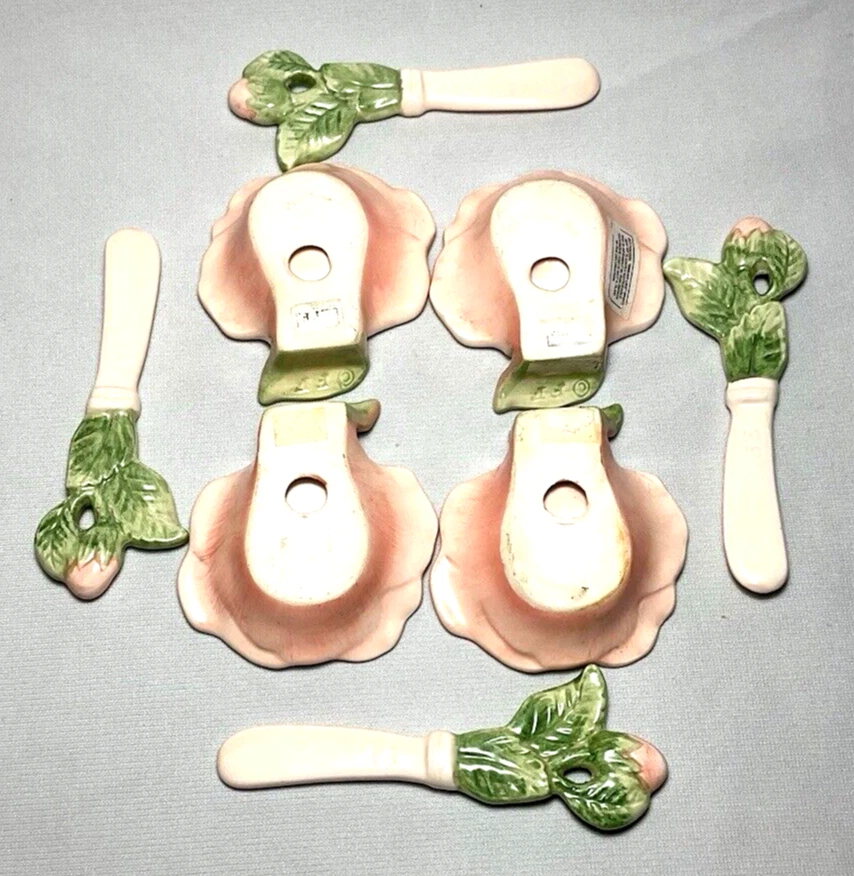 FITZ & FLOYD ~ Juego (4) TAPATAS DE MANTEQUILLA de cerámica con CUCHILLOS PARA ESPARCIR (Rosa rubor) Foto 4 de 4