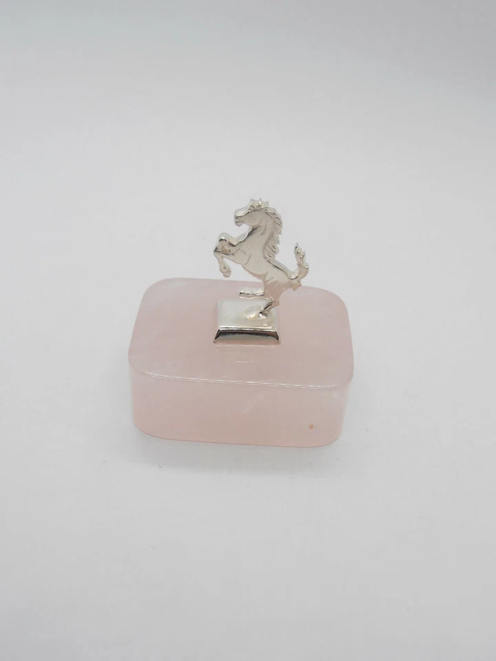 Cavallino Rampante in Argento 925 su Quarzo Rosa - fermacarte - soprammobile - - Immagine 2 di 4