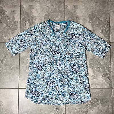 Karen Neuburger Encore Cotton Night Shirt Tunic Blouse Blue Floral Resort M