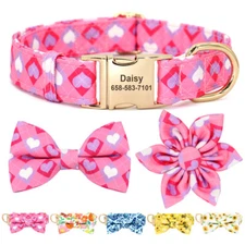 Custom Nylon Dog Collar with Bowknot/Flower Personalized Name Small Medium Large