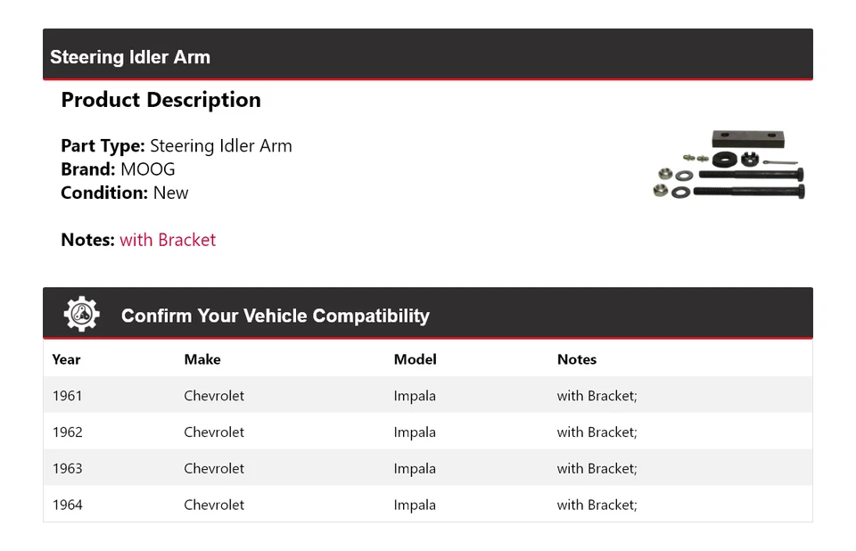 Brazo de rueda loca de dirección para Chevrolet Impala 1961-1964 MOOG 1961 1962 1963 1964 Foto 2 de 4