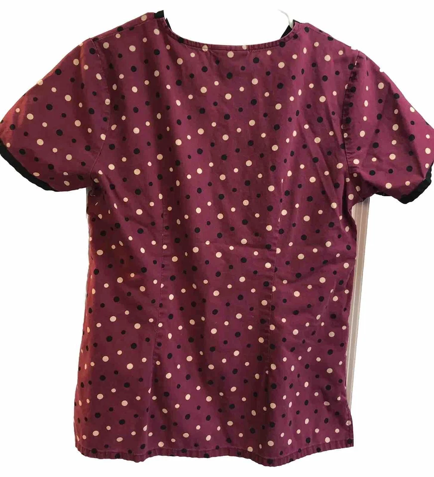 Cherokee Scrub Top Women’s Size Medium Maroon with Black And Tan Polka Dots - Image 2 of 4