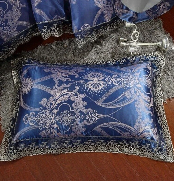 Juego de sábanas de satén de lujo 4 piezas funda nórdica de encaje bordado azul flor Foto 3 de 4