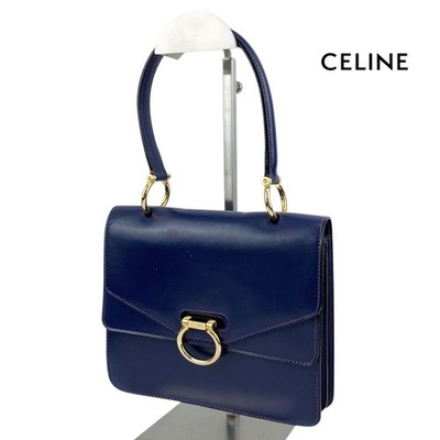 CELINE Vintage Beautiful Navy Leather Flap Bag Gancini Logo Gold HW Authentic