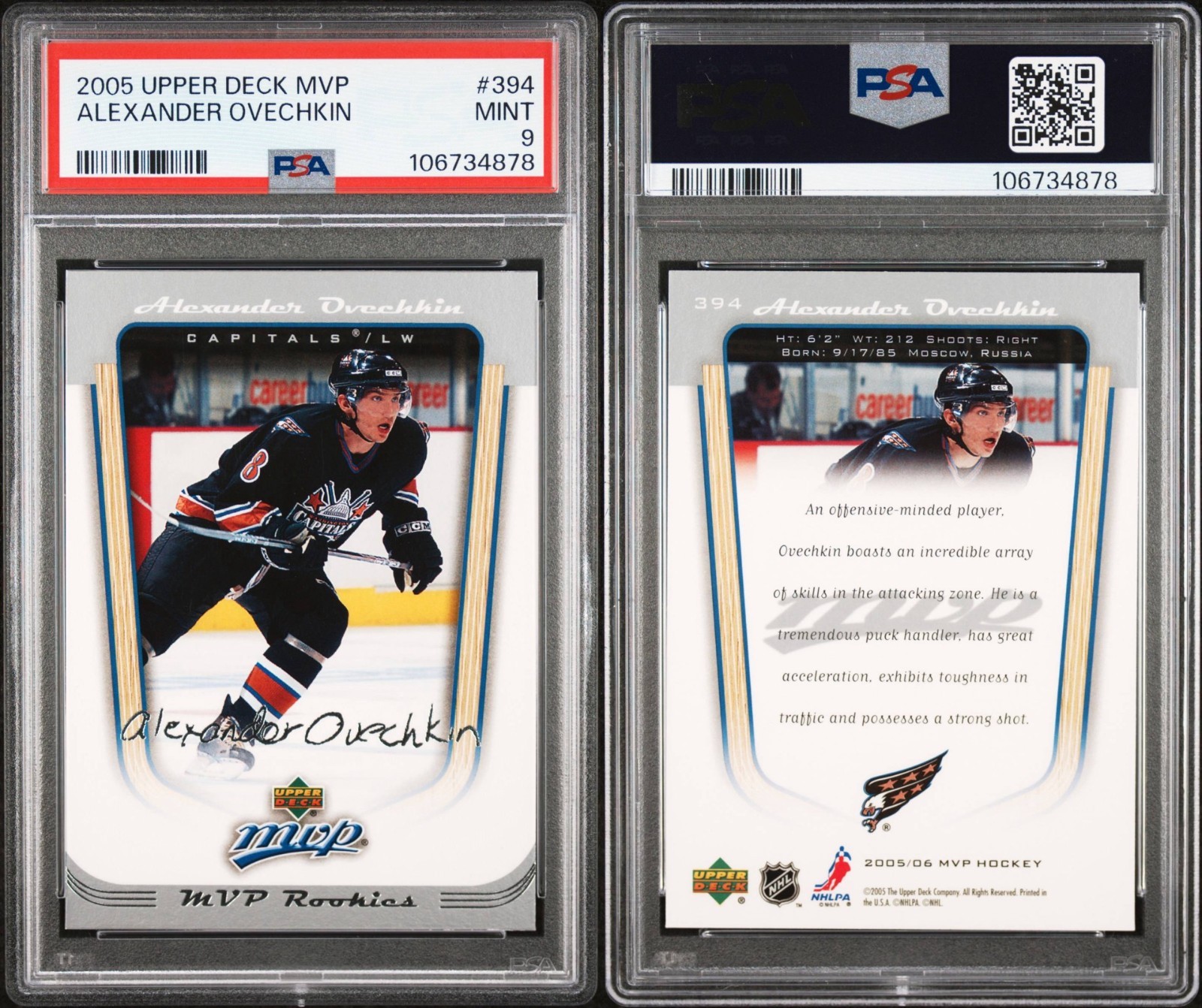 2005 UPPER DECK MVP #394 ALEXANDER OVECHKIN ROOKIE RC PSA 9 view 2