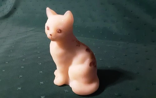 VTG Fenton Custard Satin Cat Figurine Hand Painted Roses Floral Signed Fleming