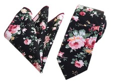Tie Pocket Square Set Men Skinny Necktie Handkerchief Cotton Floral Wedding