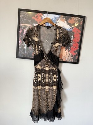 Vtg Roberto Cavalli Snake Print Dress Made in Italy Mesh Trim Women's Y2K 2005 