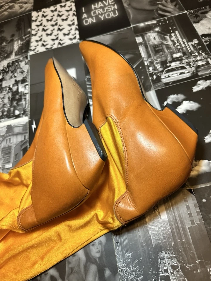 Vtg 90s Charles David Italian Leather Yellow Stretch OTK Boots Sz 6B w Box Retro - Image 4 of 4