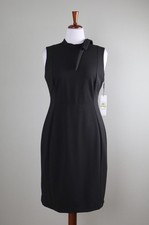 CALVIN KLEIN NWT $89 Solid Black Crepe Stretch Bow Neck Sheath Dress Size 14