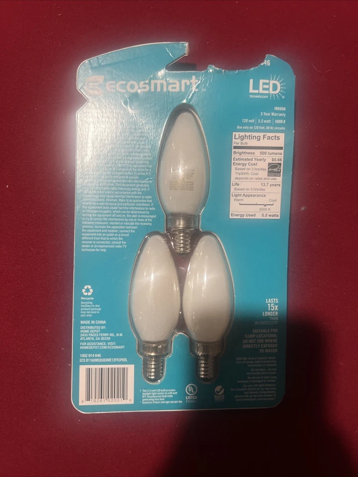 (3) NEW EcoSmart 60w Dimmable LED Daylight 5000K B11 Bulb Candelabra E12 Frosted - Image 2 of 2