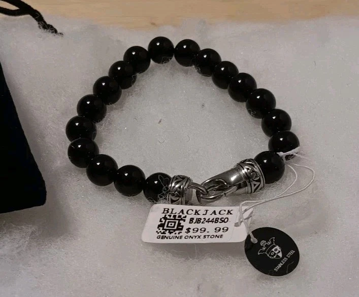 Pulsera de hombre BLACKJACK de acero inoxidable con cuentas de ónix negro genuino BJB244BSO Foto 2 de 4