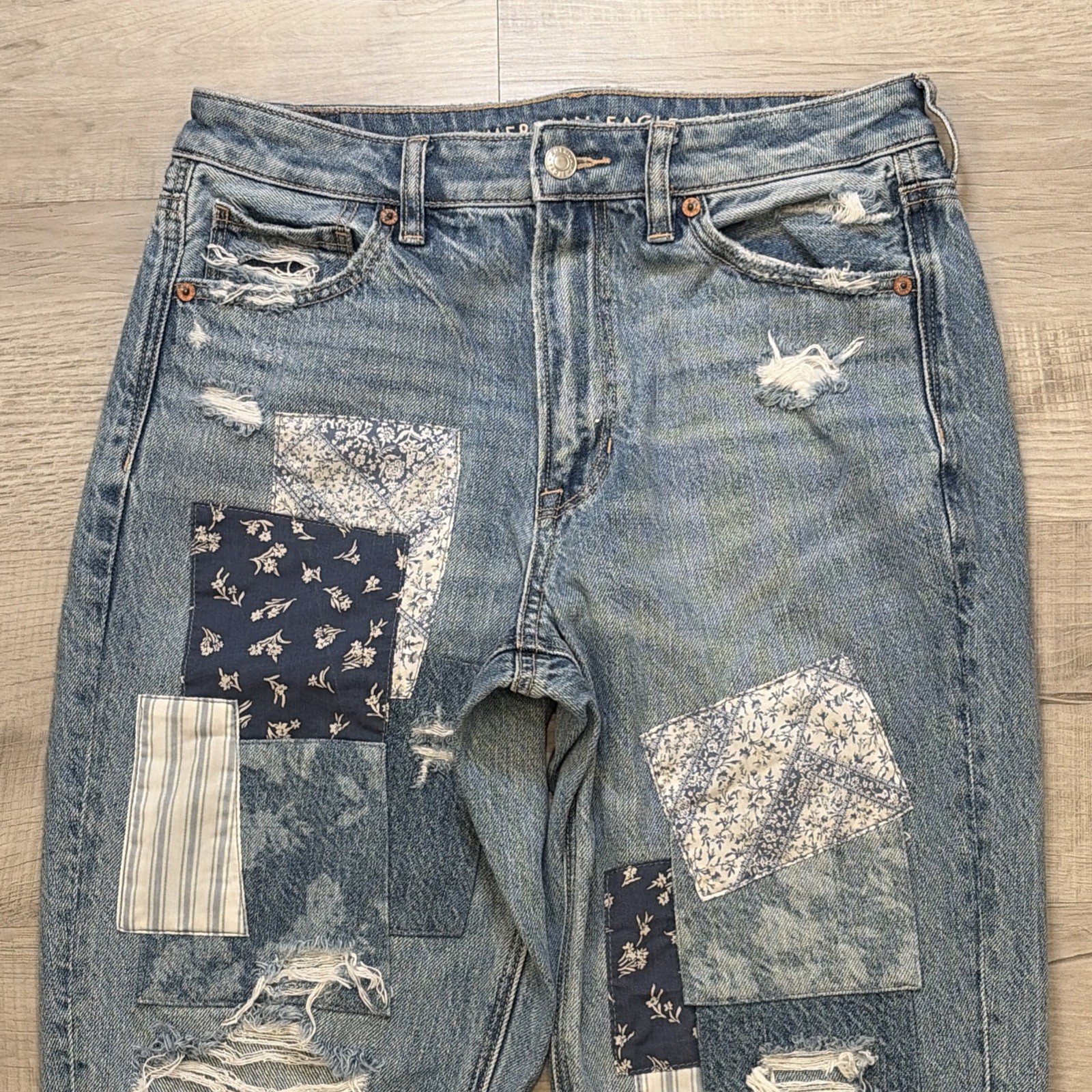 EUC American Eagle PATCHWORK Mom Straight JEANS S… - image 2