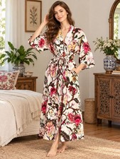 Women Long Bathrobe Beach Wear Cover Up Robe, Floral Print Cotton Kimono White