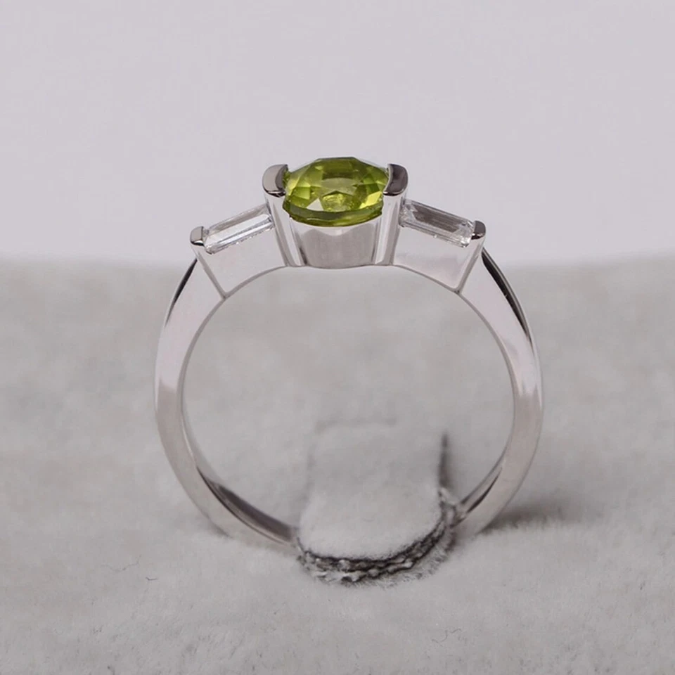 925 Sterling Silver Three Stone Peridot Ring Natural Round Gemstone Women Ring - Image 3 of 4