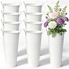 8 Pcs Galvanized Flower Buckets Handles White 10 Inch High Floral Vases Set