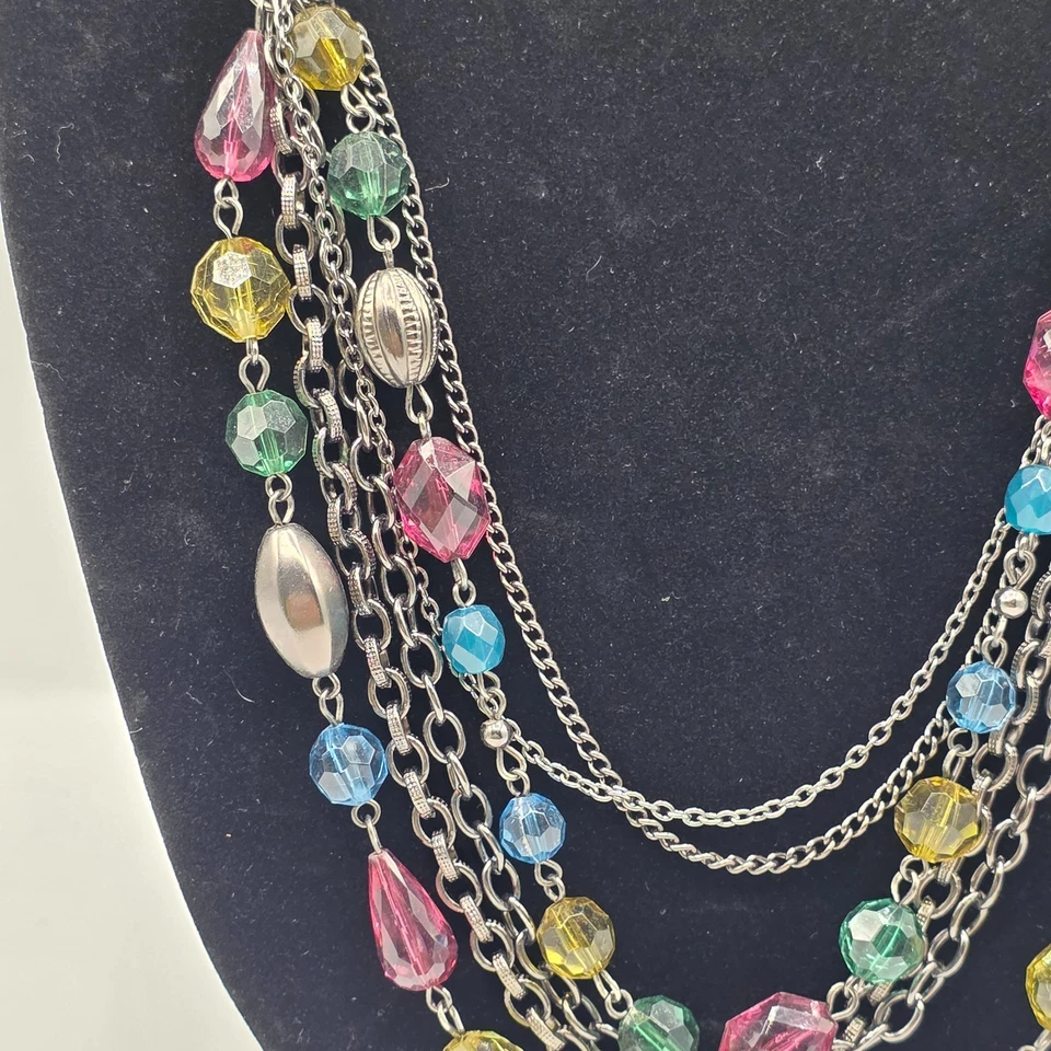 Womens Multi Strand Silver Tone Multicolor Crystal Beaded Layered Necklace 42" - Image 2 of 4