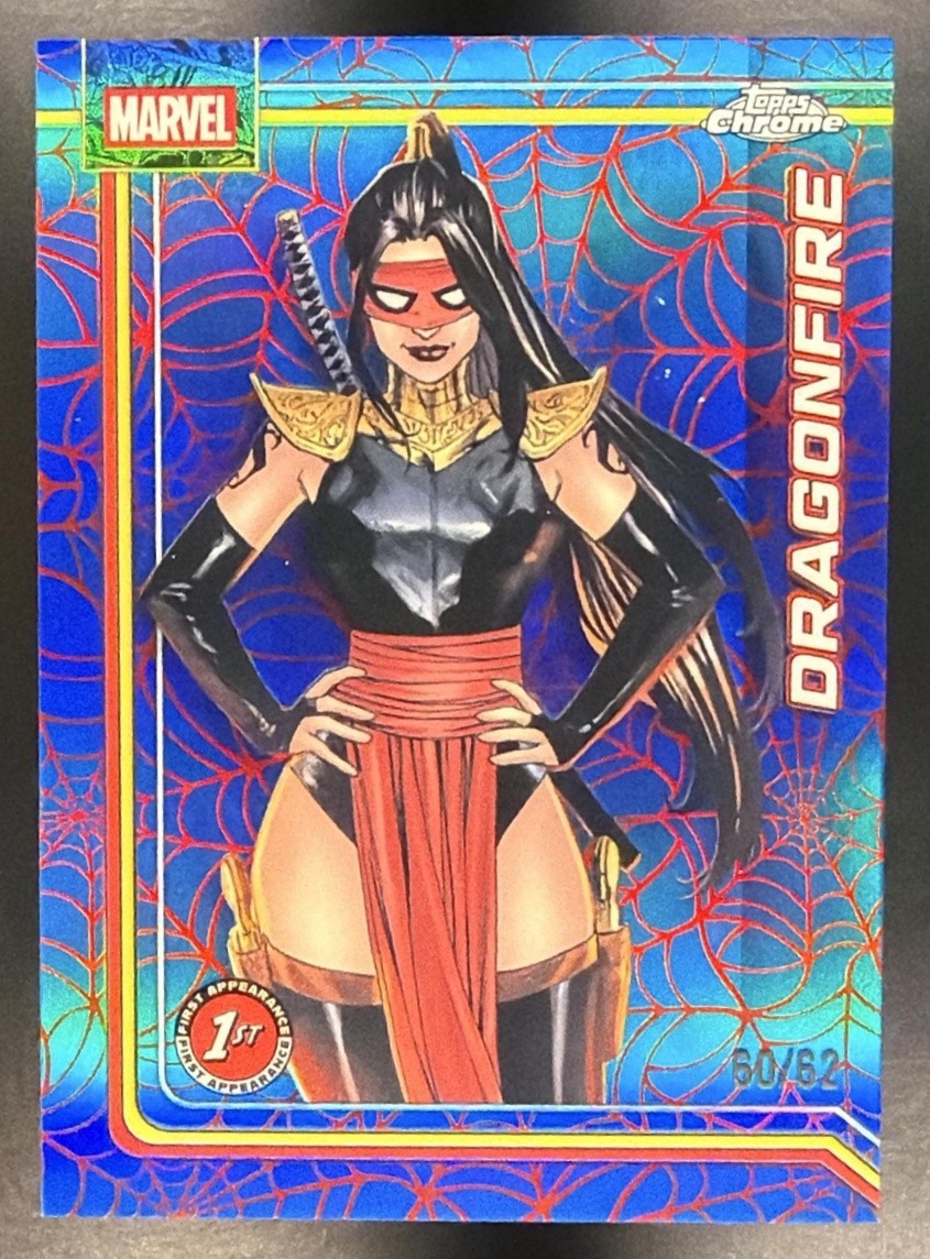 2026 Topps Chrome Marvel Comics Dragonfire Spider-Web Red/Blue Refractor /62 RC