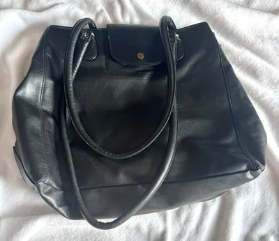 VINTAGE Perry Ellis Black Shoulder Bag Snap Flap Zip Compartments Gold Hardware