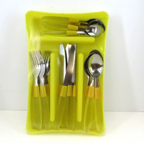 Flatware Set 24 Piece Yellow Lucite Handle and Stainless Steel w/Yellow Case New