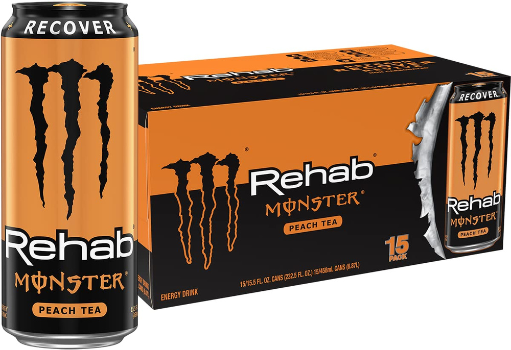 Monster Energy Rehab Peach Tea + Energy Energy Iced Tea Energy Drink Pack of 15