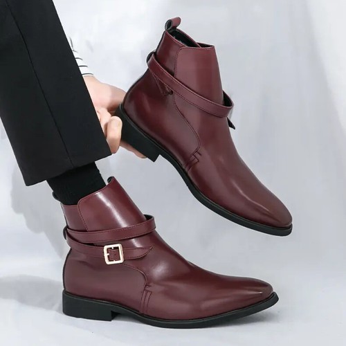 Mens Pointed Toe Buckle Evening Party Fashion Ankle Boots Faux Leather Shoes New - Picture 15 of 15