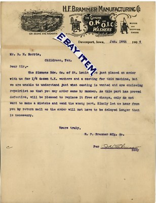 1904 Davenport Iowa H.F.BRAMMER MANUFACTURING O.H. Schrum O.K. & O.I.C. WASHERS