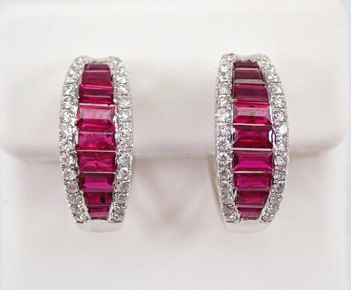 2Ct Baguette Cut Lab Created Red Ruby Half Hoop Earrings 14K White Gold Plated - Picture 5 of 5