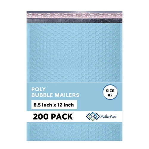 Light Blue Poly Bubble Mailers 8.5x12 inch #2 | Self Seal Padded Envelopes | Cus