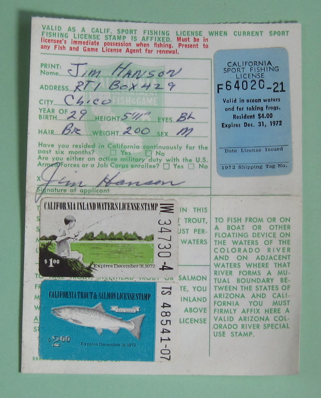 1972 California Dept of Fish & Game Resident Angling Fishing License w ...