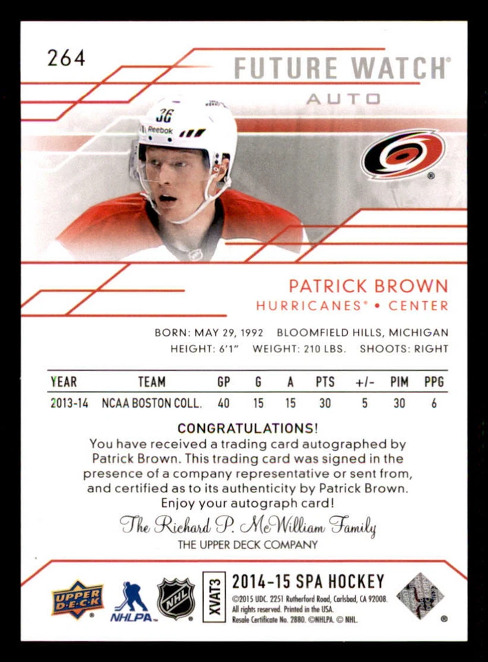 2014-15 SP Authentic #264 Patrick Brown AU RC /999 (ref 239677) - Image 2 of 2