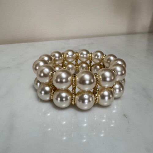 Vintage Bracelet Faux Pearl Double Rows Ivory Off White Color Gold Bead Spacers - Picture 1 of 6