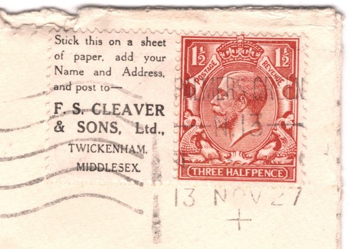 GB KGV ADVERT IMPRINT Cover *F. S. CLEAVER (GUM GLUE)* 1927 Palmers Green YB283 - 第 10/18 張圖片