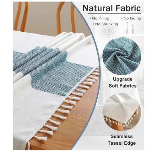 Tablecloth for Rectangle Table, Cotton Linen Waterproof, 55" X 102" White & Blue - Foto 3 di 6