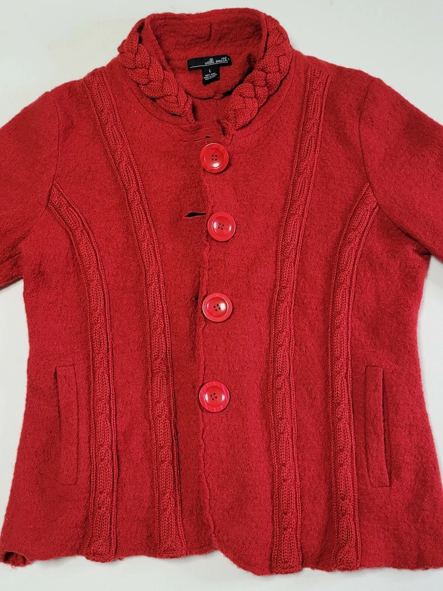 Willi Smith 100 Wool Women s Large red button up cardigan sweater